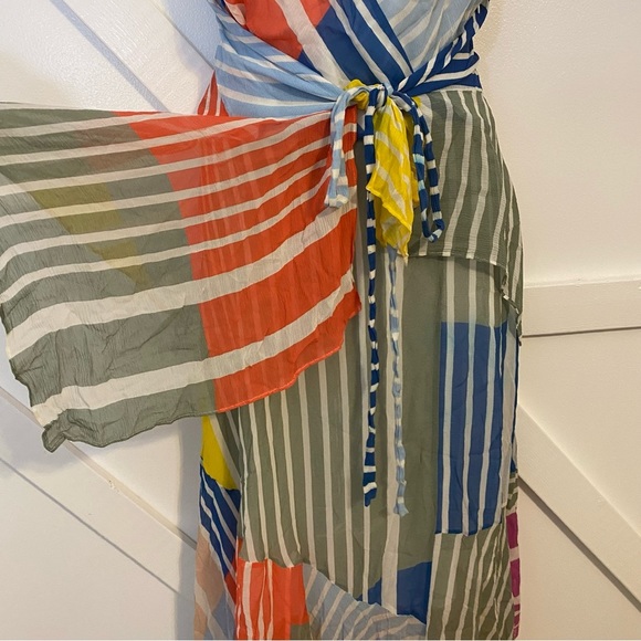 Tanya Taylor Goldie Striped Colorblock Patchwork V-Neck Handkerchief Midi Dress - Picture 7 of 14